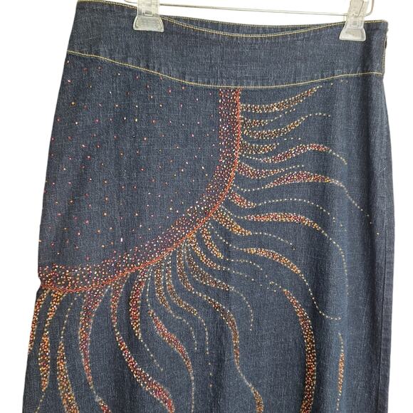 Vintage Y2K Jipata Jeans Denim Maxi Skirt Beaded Boho Sun Side Zipper Blue XL - Picture 2 of 9